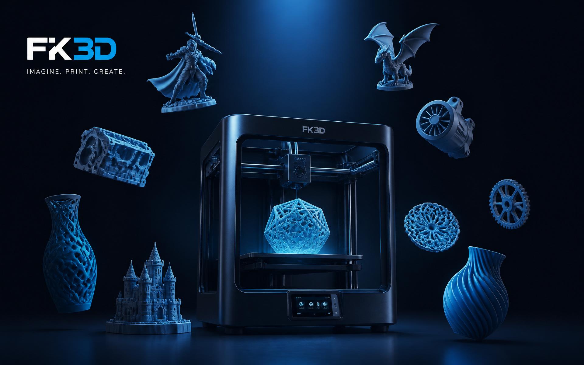 Impressora 3D FK3D com peças impressas em destaque